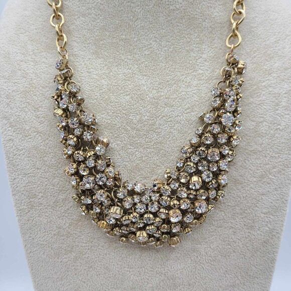 J Crew Clear Crystal Gold Tone Bib Necklace Vintage - Picture 8 of 12